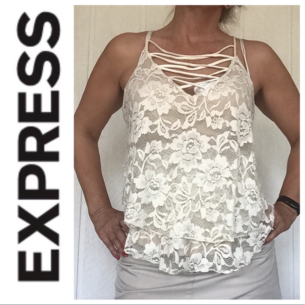 EXPRESS WHITE LACE CAGED FRONT CAMISOLE MEDIUM
